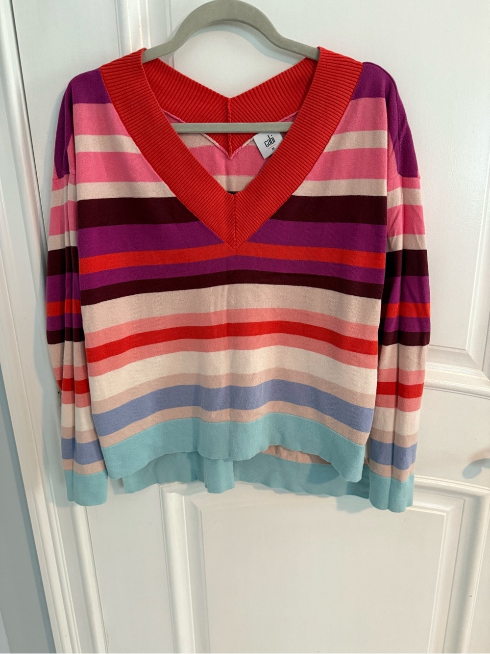 CAbi Striped V-Neck Sweater in Red, Purple, Pink, Coral, Light Blue, Cream